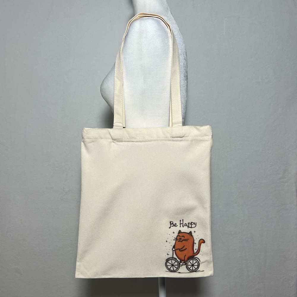 NWT Canvas Tote Bag with Zipper and Inner Pocket - Be Happy cat